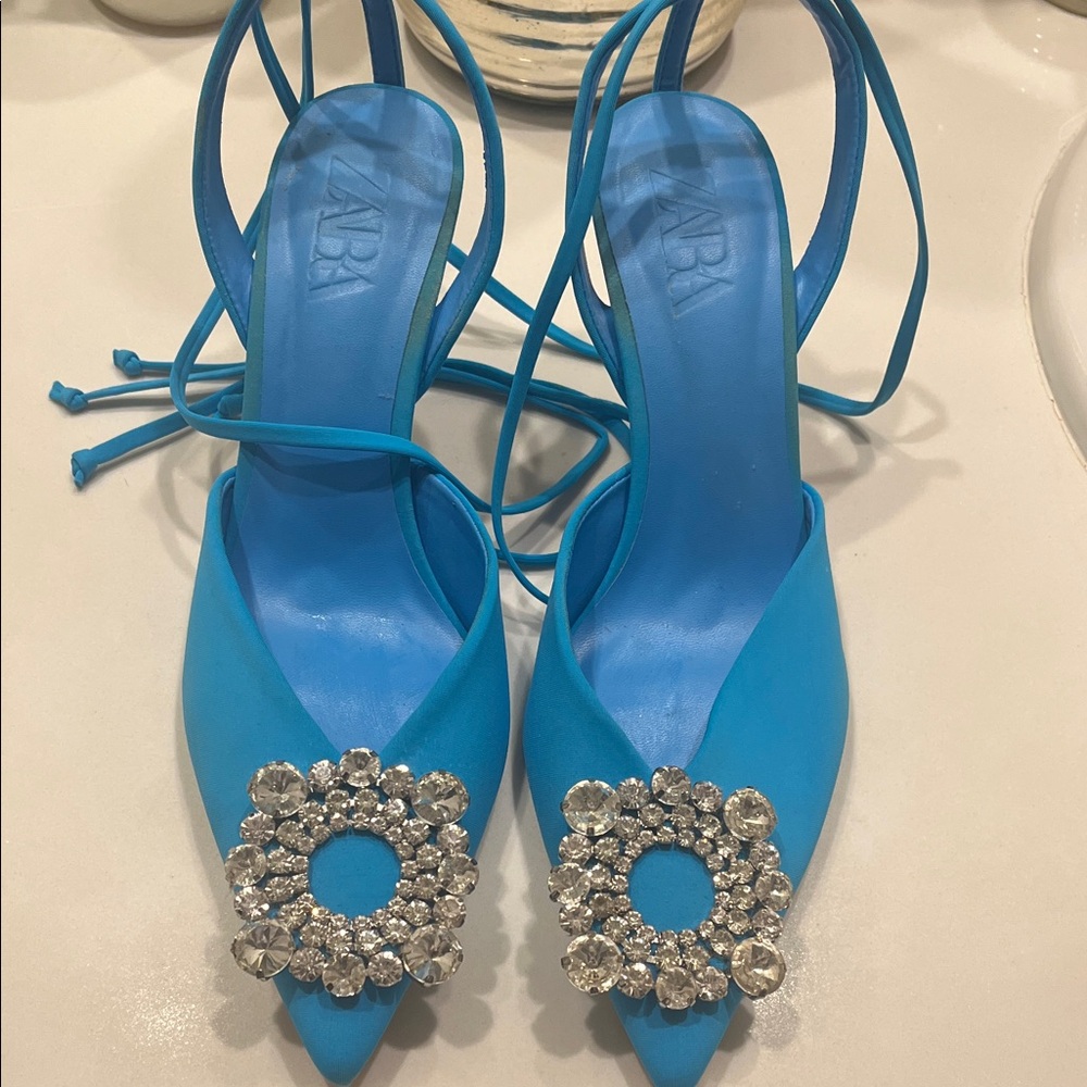 Zara Vibrant Blue Heels with Crystal Embellishments